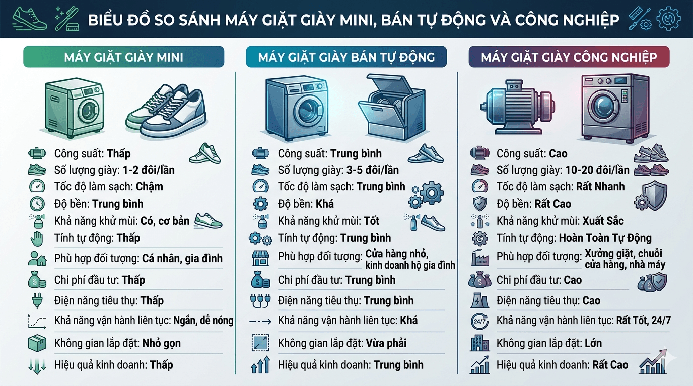 Biểu đồ so s&aacute;nh m&aacute;y giặt gi&agrave;y mini b&aacute;n tự động v&agrave; c&ocirc;ng nghiệp