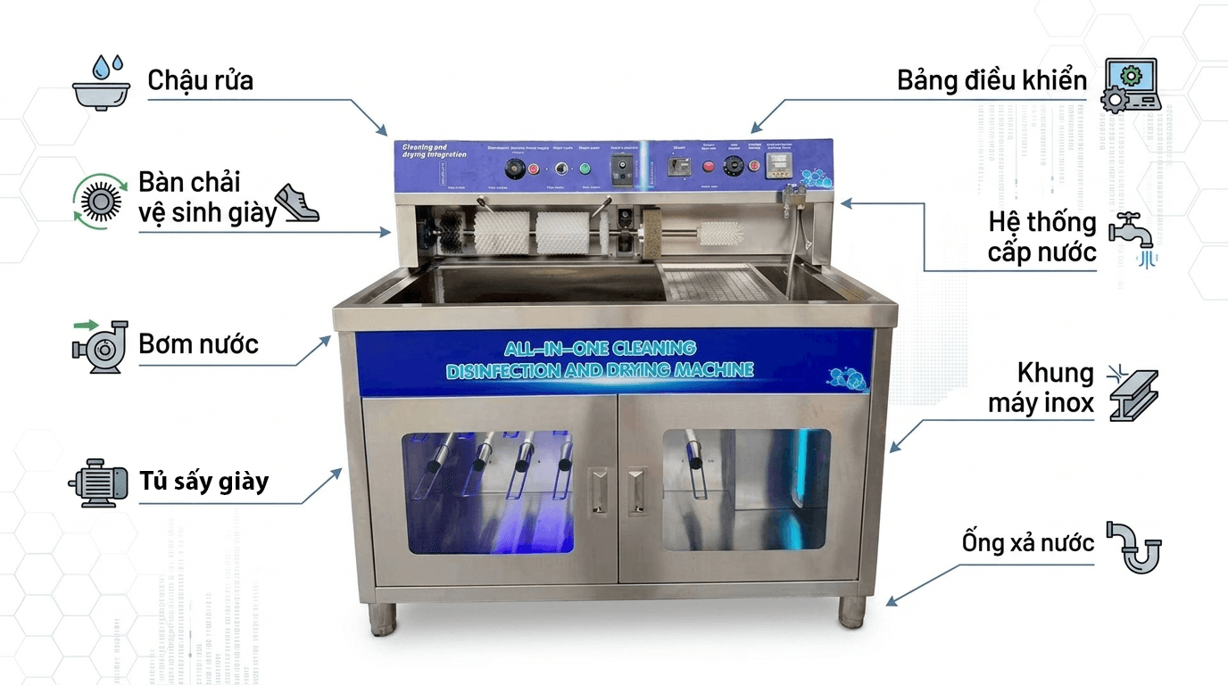 Sơ đồ cấu tạo m&aacute;y giặt gi&agrave;y b&agrave;n chải b&aacute;n tự động chi tiết c&aacute;c bộ phận