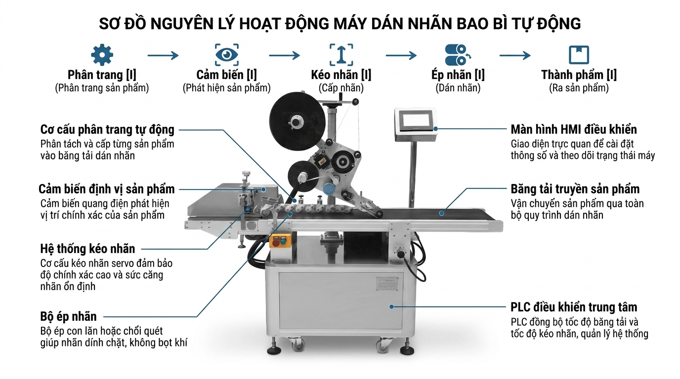 Sơ đồ nguy&ecirc;n l&yacute; hoạt động m&aacute;y d&aacute;n nh&atilde;n bao b&igrave; tự động - cơ cấu ph&acirc;n trang, cảm biến, k&eacute;o nh&atilde;n, PLC điều khiển