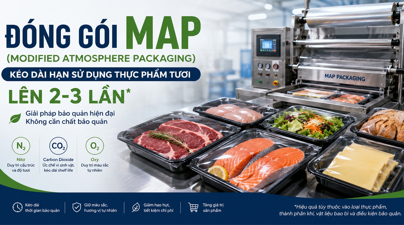 Đ&oacute;ng g&oacute;i MAP (Modified Atmosphere Packaging): K&eacute;o d&agrave;i hạn sử dụng thực phẩm tươi l&ecirc;n 2&ndash;3 lần