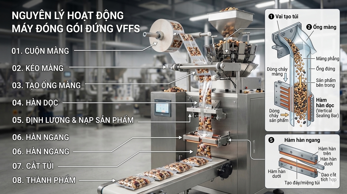 M&aacute;y đ&oacute;ng g&oacute;i đứng VFFS: Nguy&ecirc;n l&yacute;, ưu nhược điểm v&agrave; ứng dụng phổ biến
