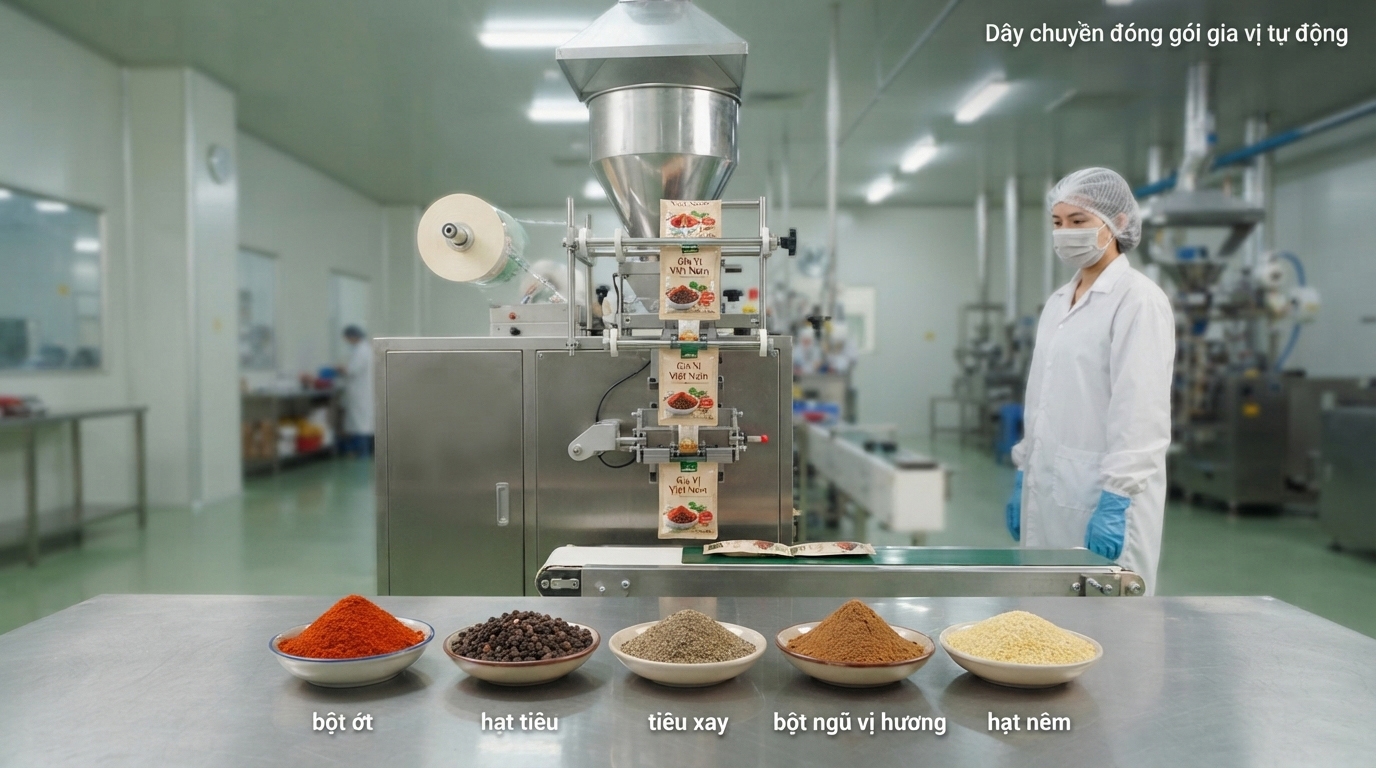 M&aacute;y đ&oacute;ng g&oacute;i gia vị: Bột ớt, ti&ecirc;u, bột ngũ vị hương v&agrave; hạt n&ecirc;m