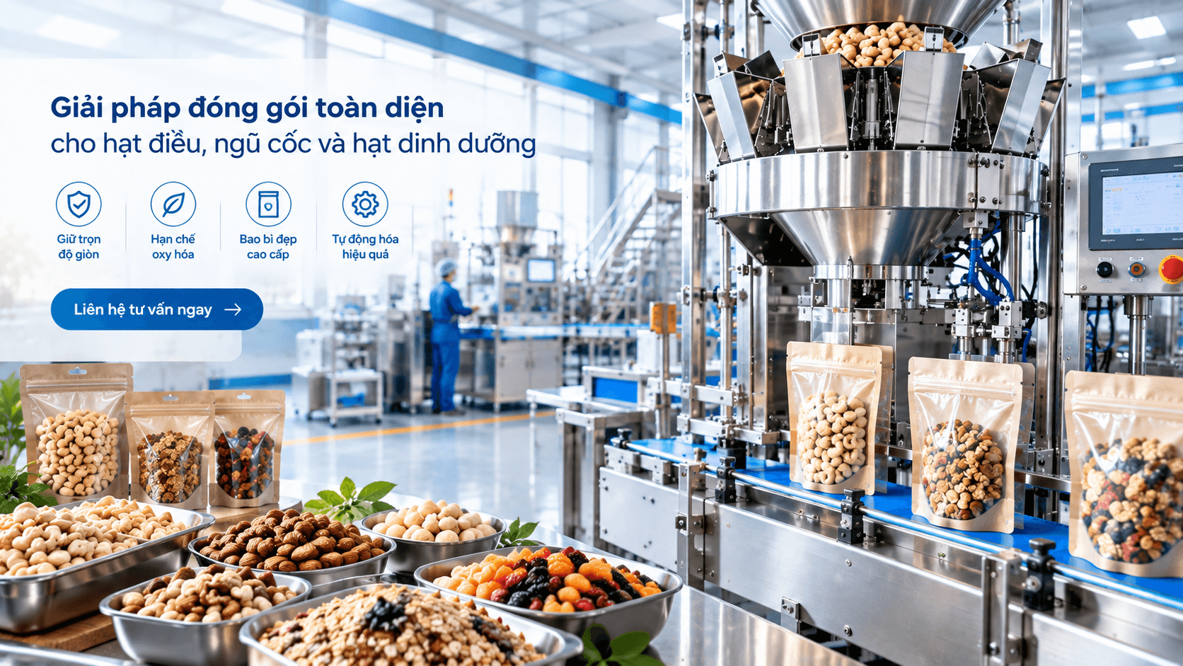 Máy đóng gói hạt điều, ngũ cốc và hạt dinh dưỡng: Đóng gói cao cấp, giữ trọn độ giòn