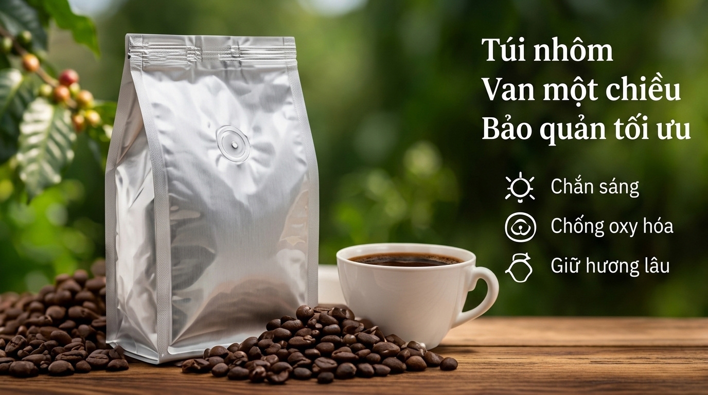 T&uacute;i nh&ocirc;m v&agrave; van một chiều: Bảo vệ c&agrave; ph&ecirc;, hạt dinh dưỡng khỏi oxy h&oacute;a